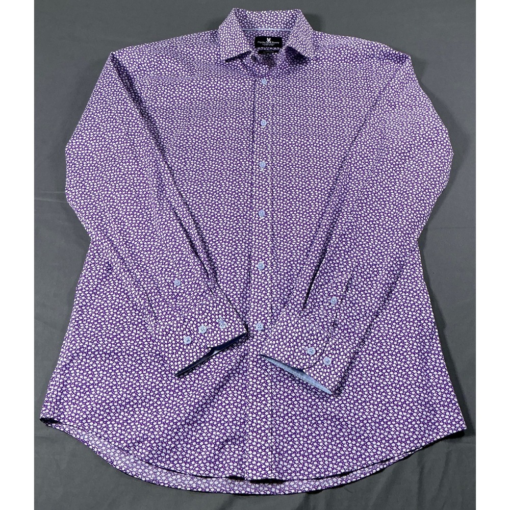 Psycho Bunny Mens Purple Floral Micro Print Modern Fit Stretch Dress Shirt 15.5